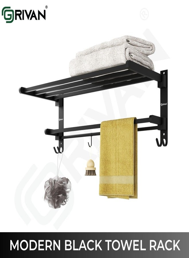 GRIVAN Heavy-Duty Stainless Steel 24 Inch Foldable Towel Rack/Shelf/Stand for Bathroom, Wall-Mounted Towel Holder with Hooks and Hanger (Black Matte Finish) - Image 4